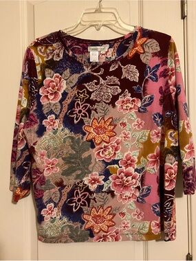 Coldwater Creek Floral Velvet Burnout Long Sleeve Top - Pink, Burgundy, Blue